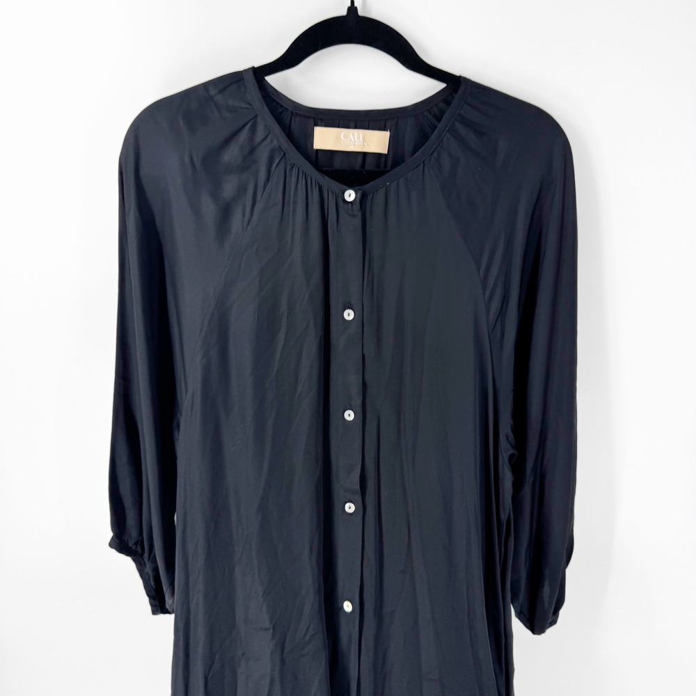 Cali Dreaming Rhythm Sunchaser Midi Dress Black Shirt Dress Balloon Sleeve - Picture 3 of 11
